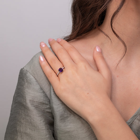 Cushion Shaped Amethyst Ring With Diamond Accents in 10K Yellow Gold