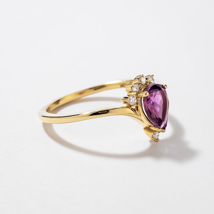 Pear Shape Amethyst Ring with Diamond Accents in 10K Yellow Gold