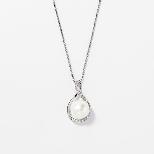 Cultured Pearl Eternity Style Diamond Pendant Necklace in 10K White Gold