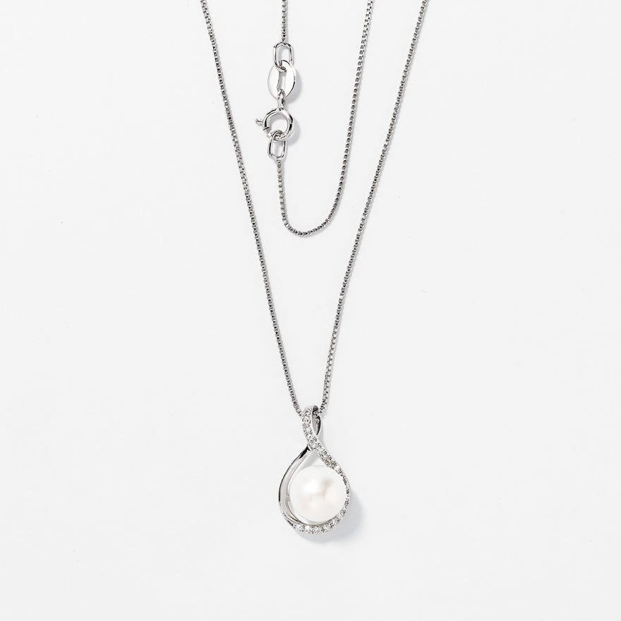 Cultured Pearl Eternity Style Diamond Pendant Necklace in 10K White Gold