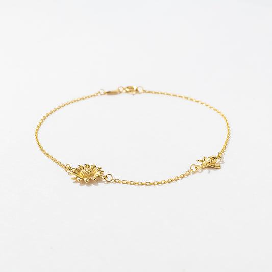 Sunflower and Bee Charm Bracelet in 10K Yellow Gold