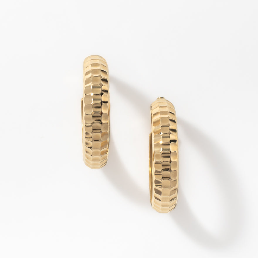 Domed Checkered Hoop Earrings in 10K Yellow Gold