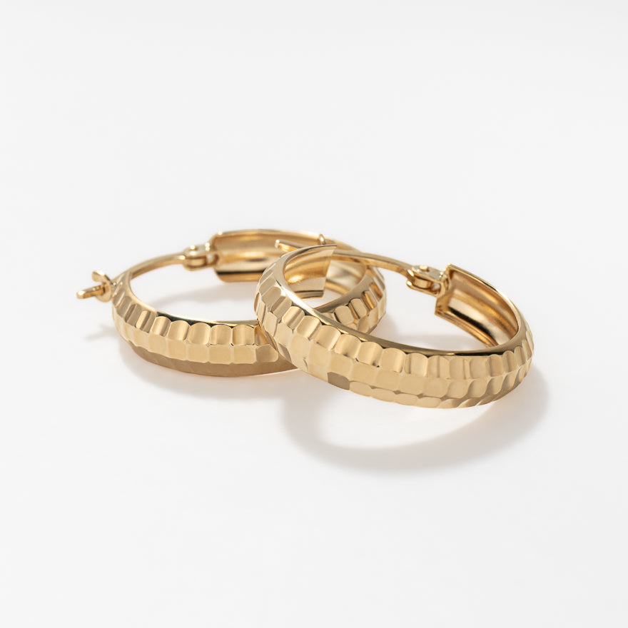Domed Checkered Hoop Earrings in 10K Yellow Gold