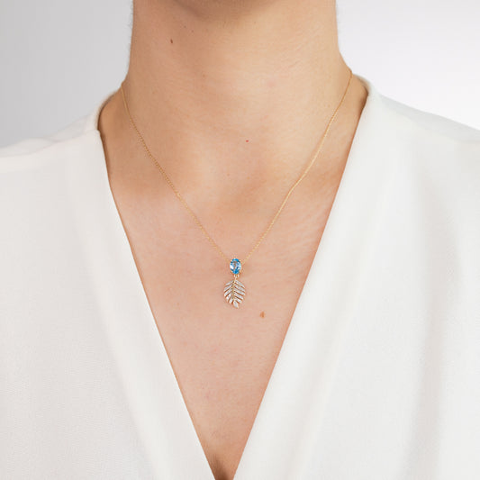 Blue Topaz Necklace with Diamond Leaf in 10K Yellow Gold