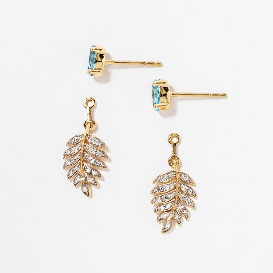 Blue Topaz Earrings with Diamond Leaf in 10K Yellow Gold