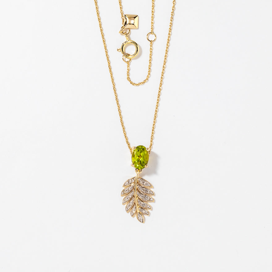Peridot Necklace with Diamond Leaf in 10K Yellow Gold