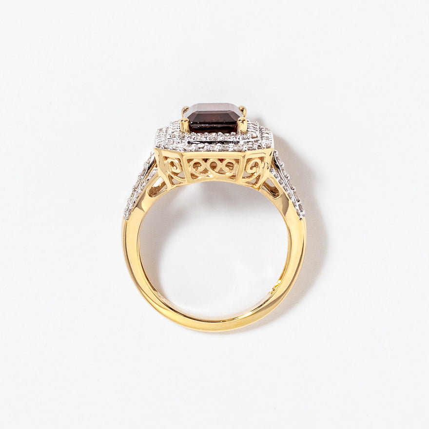 Garnet Ring with Diamond Accents in 10K Yellow Gold