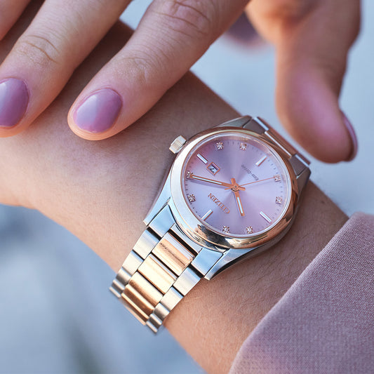 Citizen Eco-Drive Ladies Pink Dial Watch With Diamonds | EW2706-58X