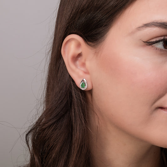 Pear Shape Emerald and Diamond Earrings in 10K White Gold