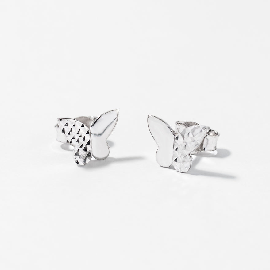 Butterfly Stud Earrings In 10K White Gold