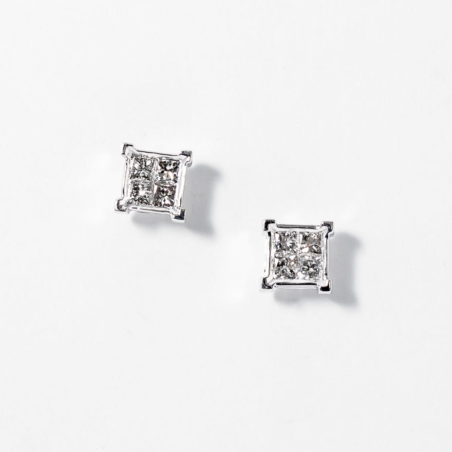 Princess Cut Diamond Cluster Stud Earrings in 14K White Gold (0.50 ct tw)