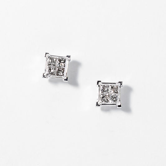 Princess Cut Diamond Cluster Stud Earrings in 14K White Gold (0.50 ct tw)