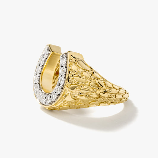 Men's Diamond Horseshoe Gold Nugget Ring in 10K Yellow Gold (0.15 ct tw)
