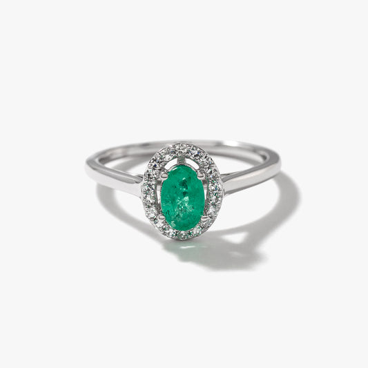 Oval Emerald and Diamond Halo Ring in 10K White Gold (0.12 ct tw)