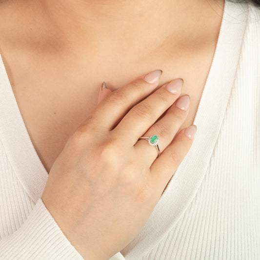 Oval Emerald and Diamond Halo Ring in 10K White Gold (0.12 ct tw)