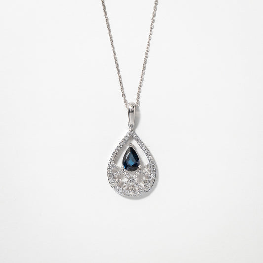 Sapphire Necklace With Diamond Cluster Accent in 10K White Gold