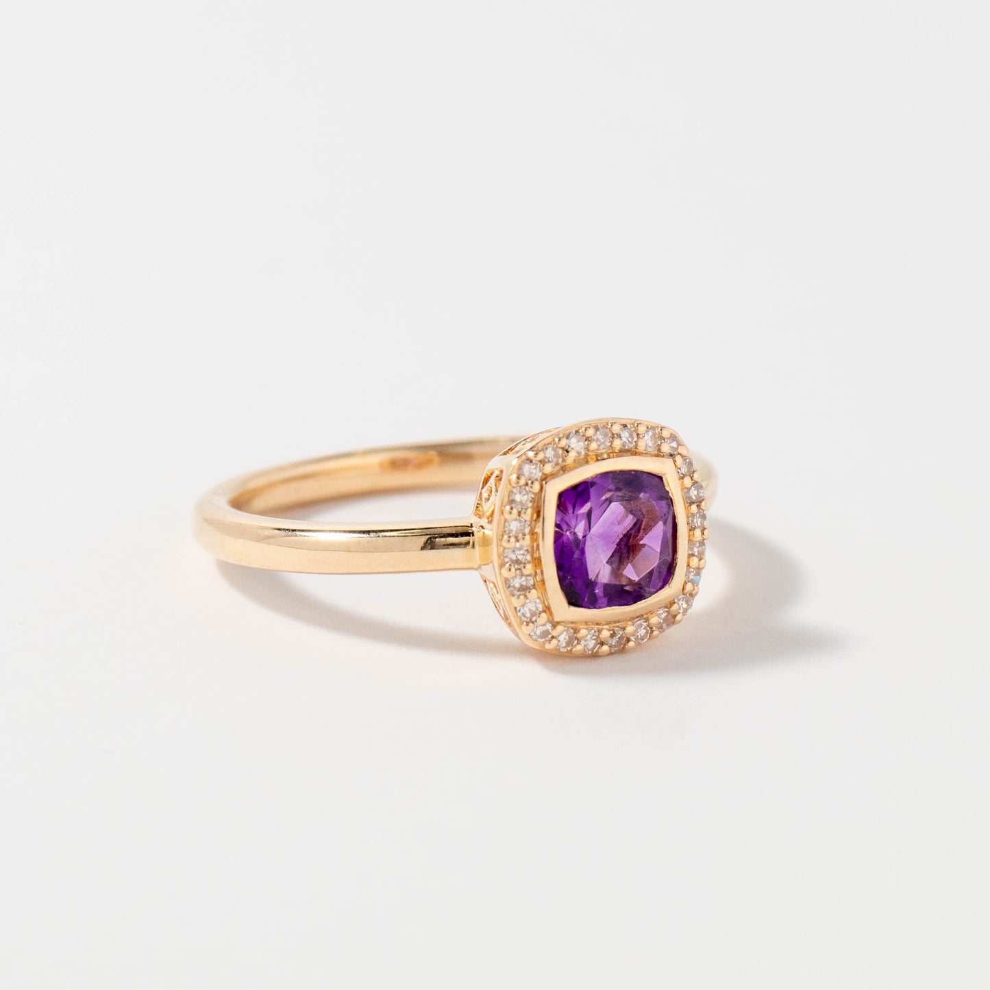 Cushion Cut Amethyst Ring with Diamond Accents in 10K Yellow Gold