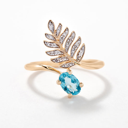 Blue Topaz Ring with Diamond Leaf in 10K Yellow Gold