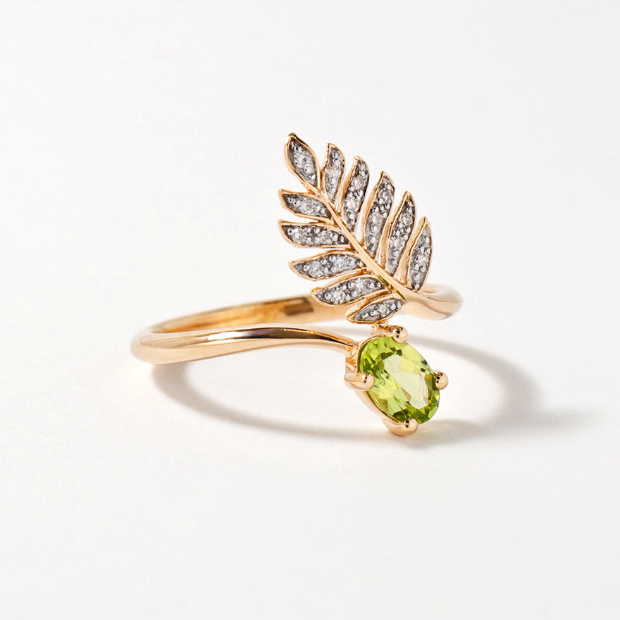 Peridot Ring with Diamond Leaf in 10K Yellow Gold