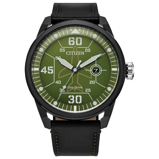 Citizen Eco-Drive Avion Green Dial Leather Strap Watch | AW1735-03X
