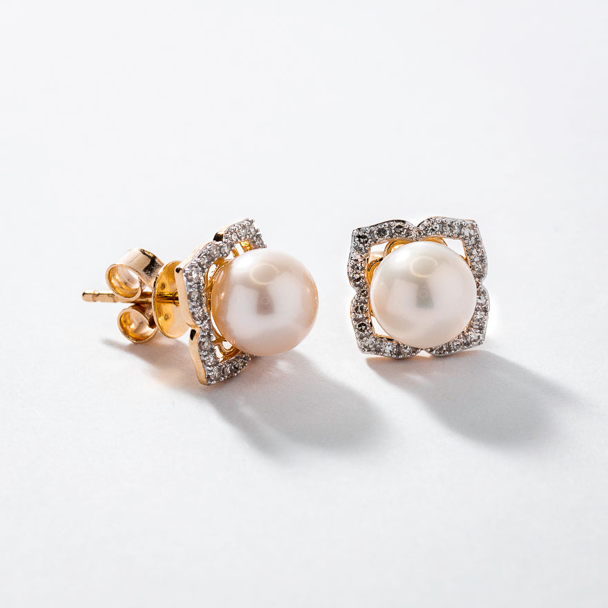 Pearl Earrings with Diamond Accents in 10K Yellow Gold