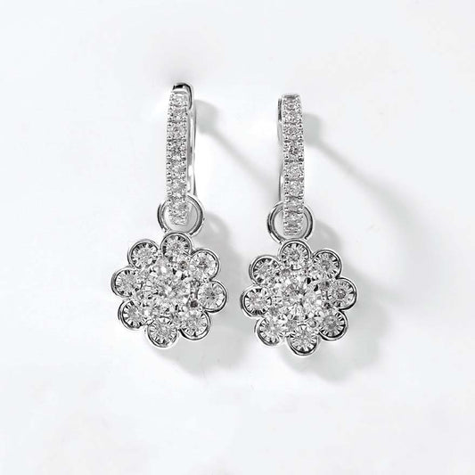 Diamond Hoop Earrings With Removable Flower Charm in 10K White Gold (0.88 ct tw)