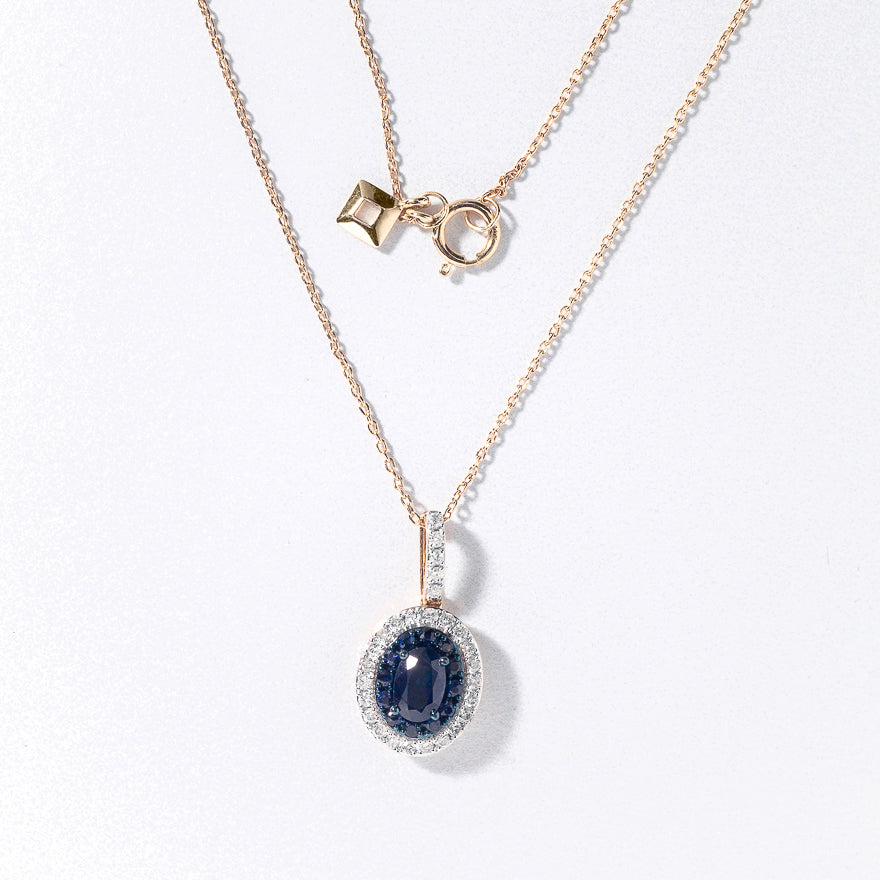 Double Halo Sapphire and Diamond Pendant Necklace in 10K Yellow Gold