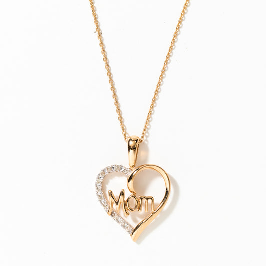 Diamond Heart “Mom” Pendant Necklace in 10K Yellow Gold (0.08 ct tw)