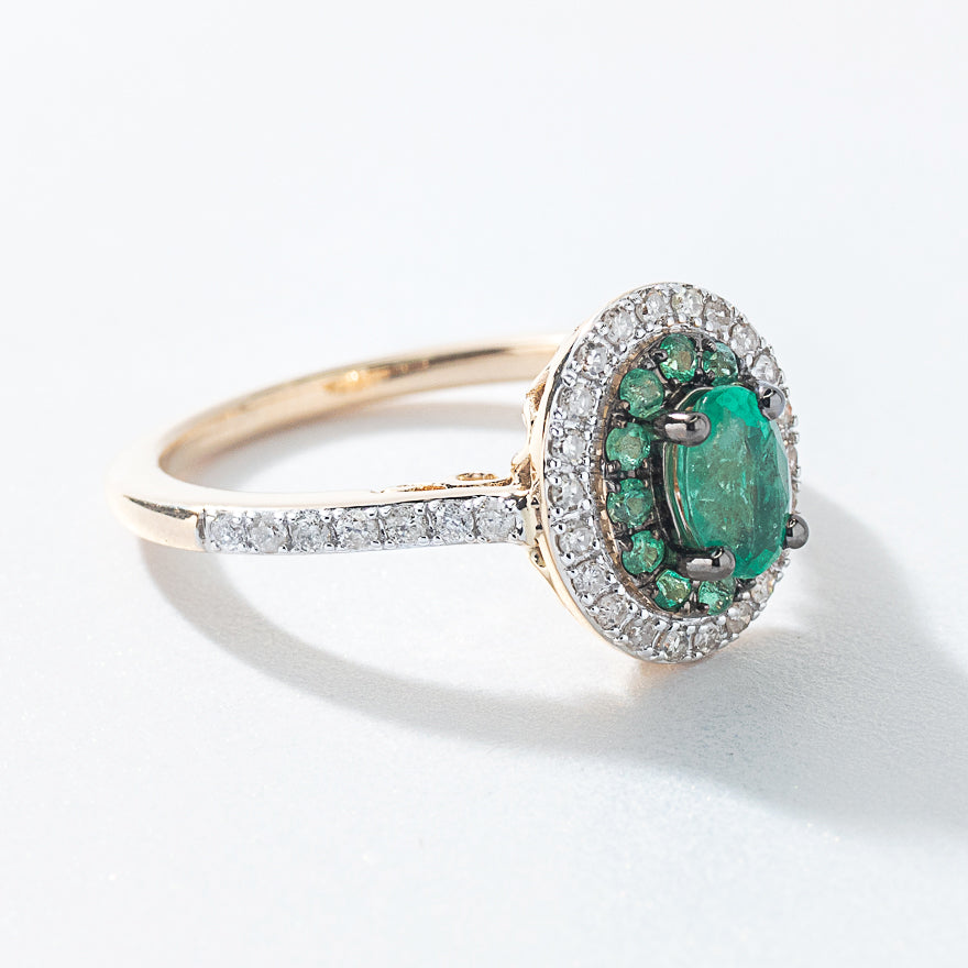 Double Halo Emerald and Diamond Ring in 10K Yellow Gold