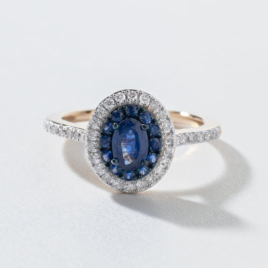 Double Halo Sapphire and Diamond Ring in 10K Yellow Gold