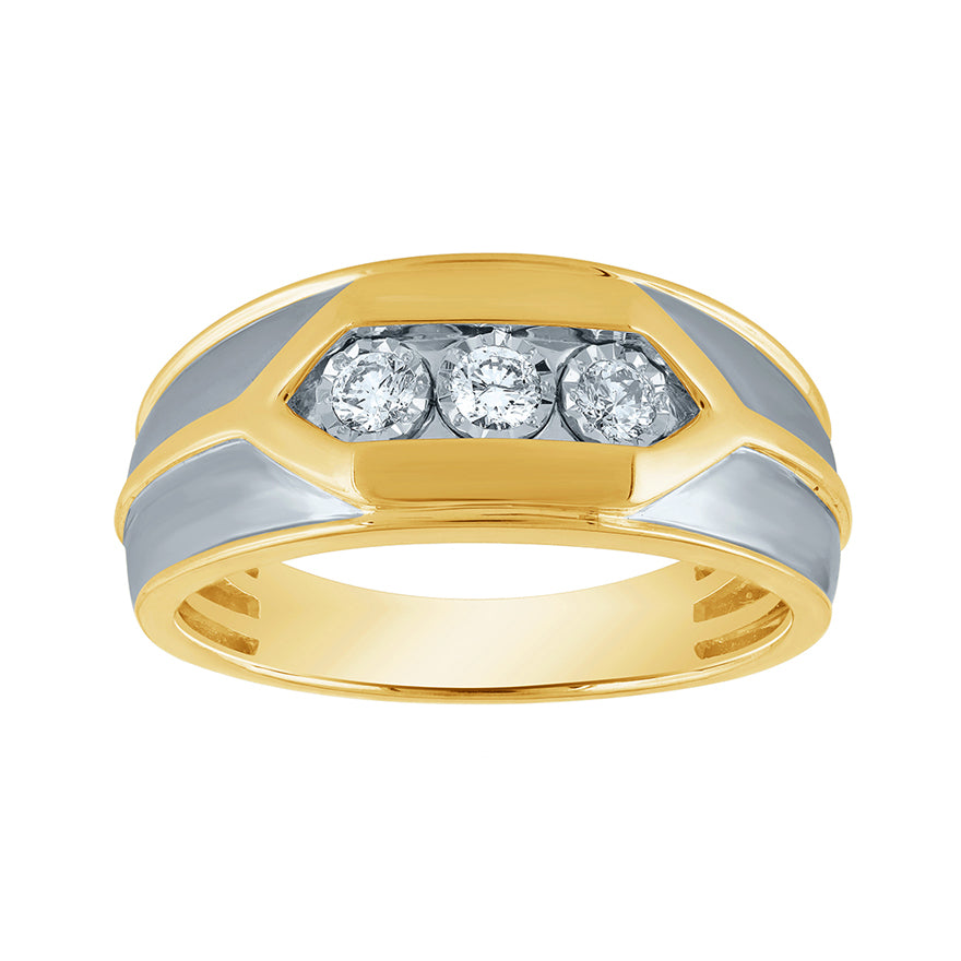 Three Stone Men's Diamond Ring in 10K White and Yellow Gold