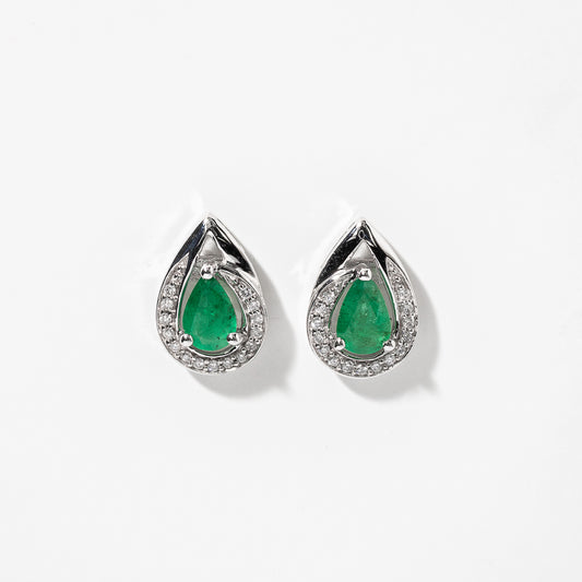 Pear Shape Emerald and Diamond Earrings in 10K White Gold