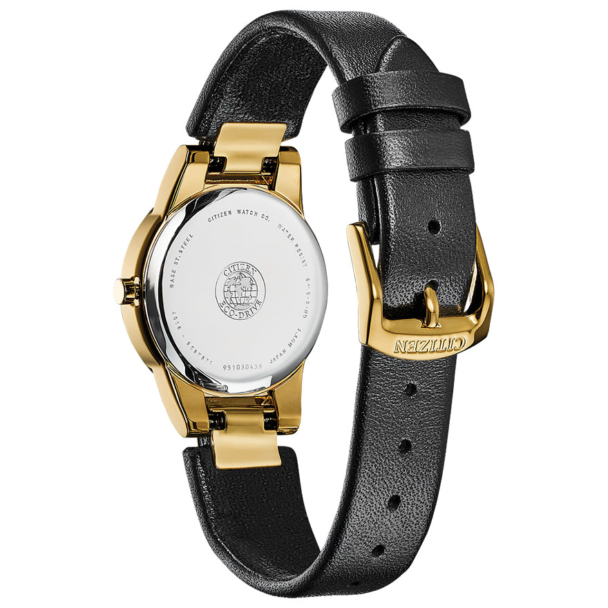 Citizen Axiom Ladies Eco-Drive Watch In Gold Tone Case and Black Leather Strap | GA1052-04E