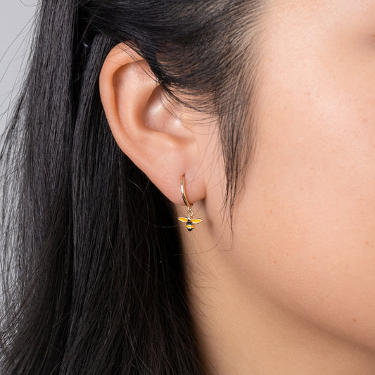 Bee Dangle Hoop Earrings in 10K Yellow Gold