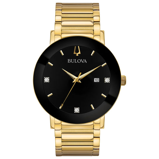 Bulova Men's Modern Diamond Black Dial Gold Tone Watch | 97D116