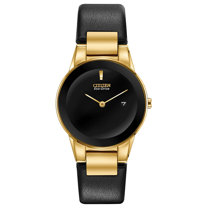 Citizen Axiom Ladies Eco-Drive Watch In Gold Tone Case and Black Leather Strap | GA1052-04E