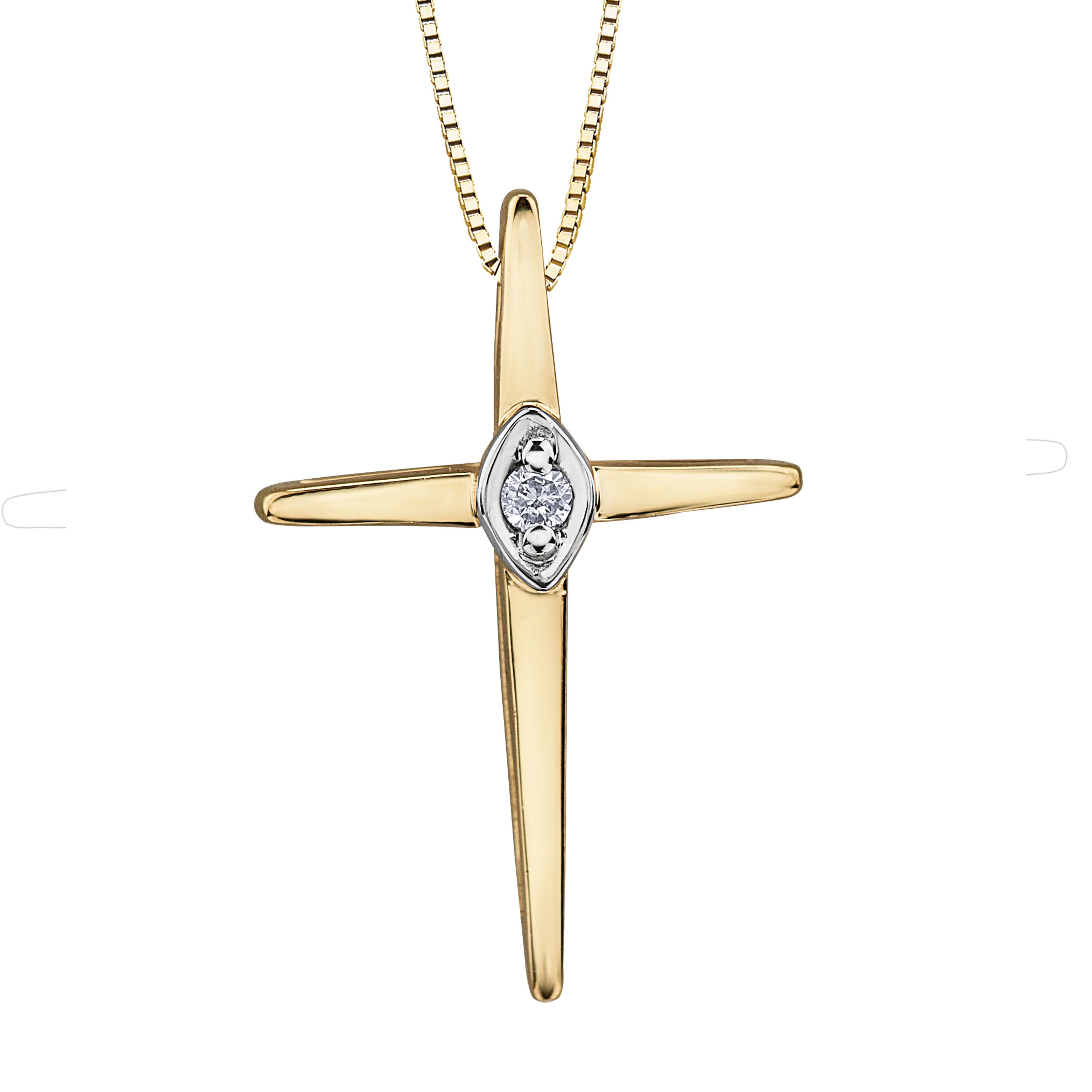 10K Yellow Gold Diamond Cross Pendant with Matching Chain (0.015 ct tw)