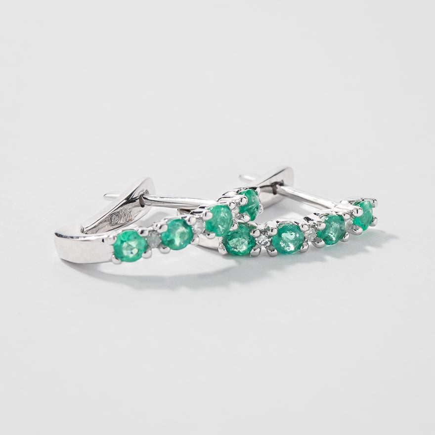 Emerald and Diamond Claw-Set J-Hoop Earrings in 10/14K White Gold