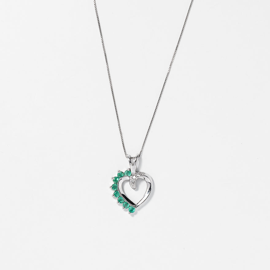 Heart Shape Emerald and Diamond Pendant in 10K White Gold