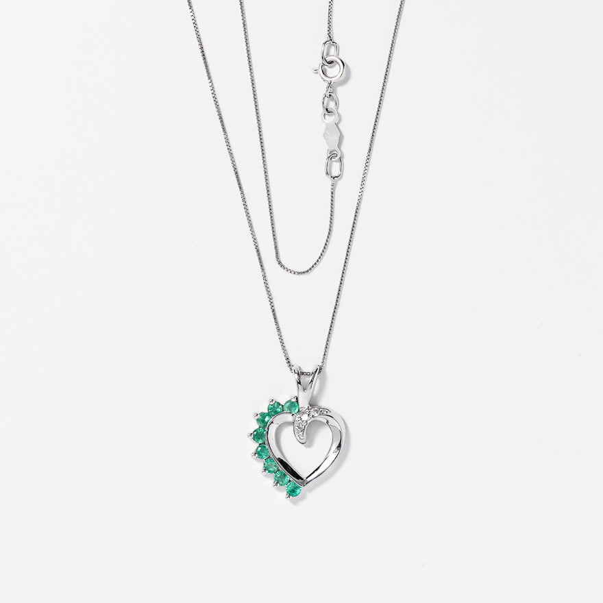 Heart Shape Emerald and Diamond Pendant in 10K White Gold