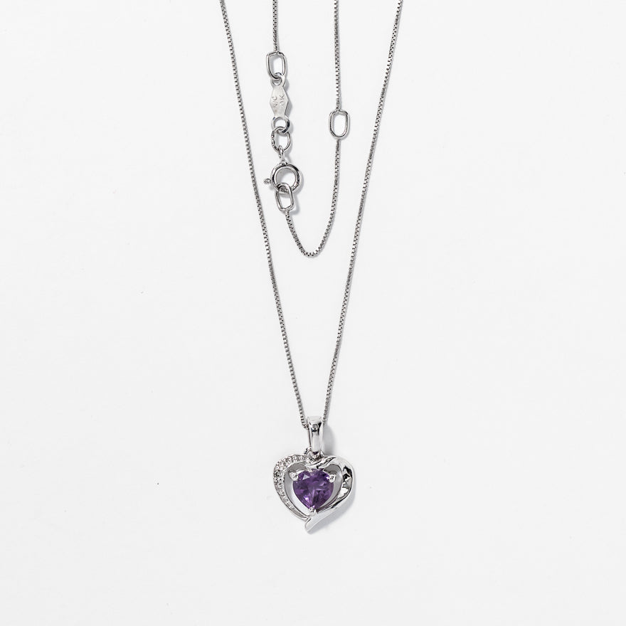 Heart Shaped Amethyst and Diamond Pendant Crafted In 10K White Gold