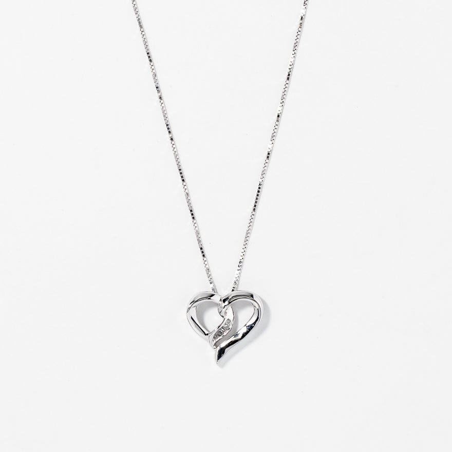 Diamond Heart Ribbon Necklace in 10K White Gold (0.015ct tw)