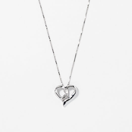 Diamond Heart Ribbon Necklace in 10K White Gold (0.015ct tw)