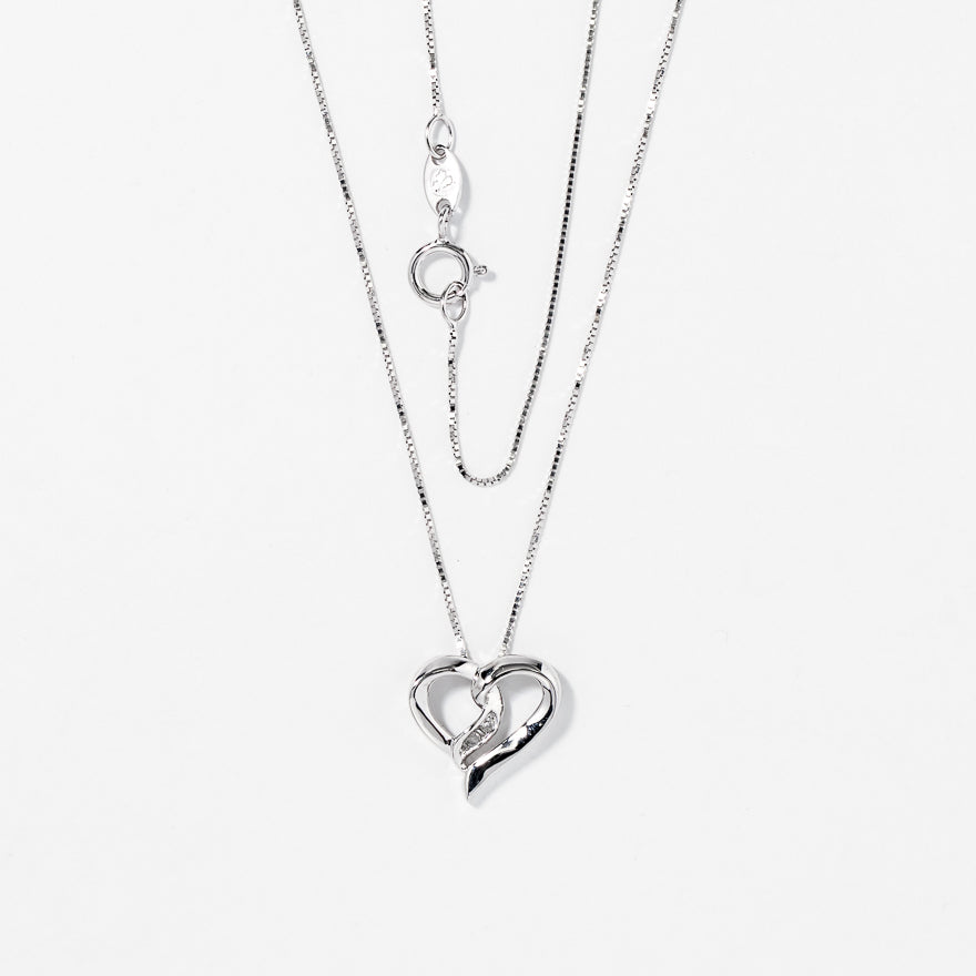 Diamond Heart Ribbon Necklace in 10K White Gold (0.015ct tw)