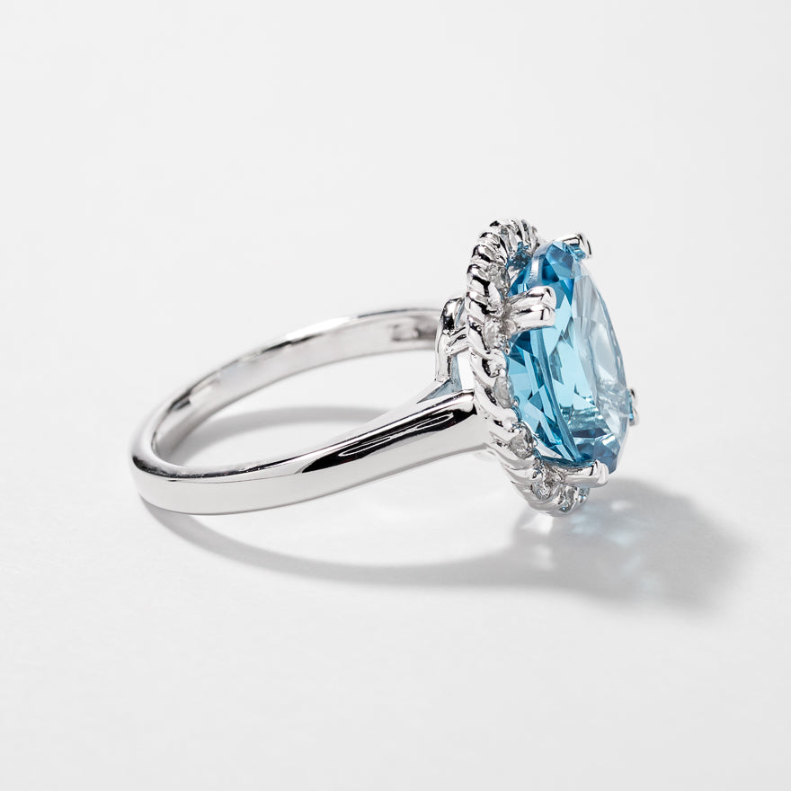 Blue Topaz Ring with Diamond Accents 10K White Gold