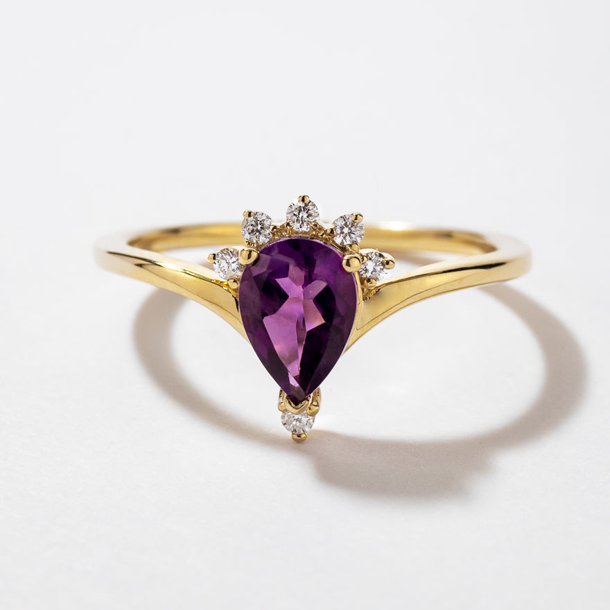 Pear Shape Amethyst Ring with Diamond Accents 10K Yellow Gold