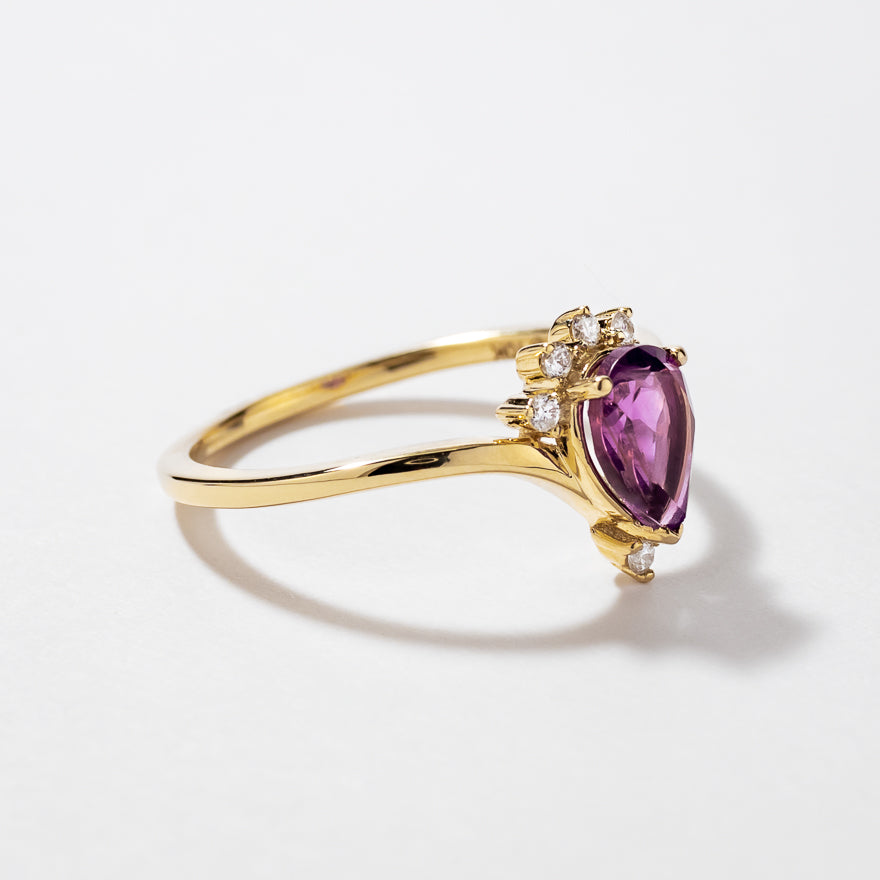 Pear Shape Amethyst Ring with Diamond Accents 10K Yellow Gold