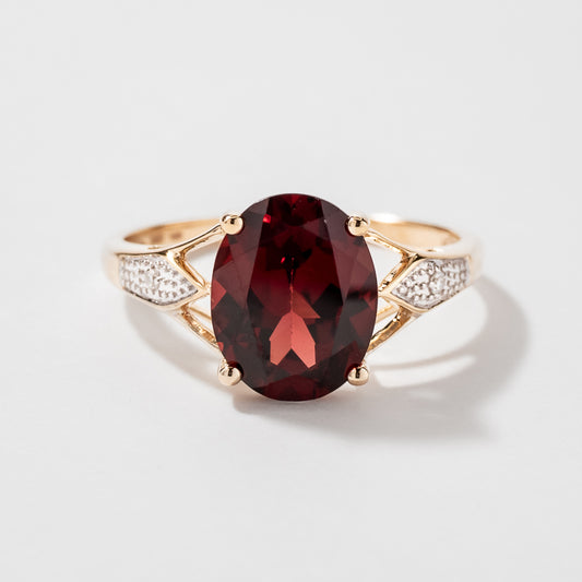 Oval Garnet Ring with Diamond Accents in 10K Yellow Gold