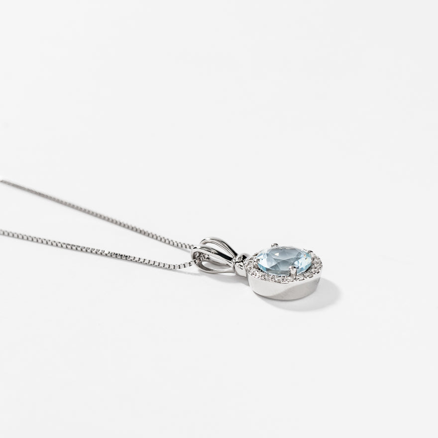 Round Aquamarine and Halo Diamond Pendant Necklace in 10K White Gold