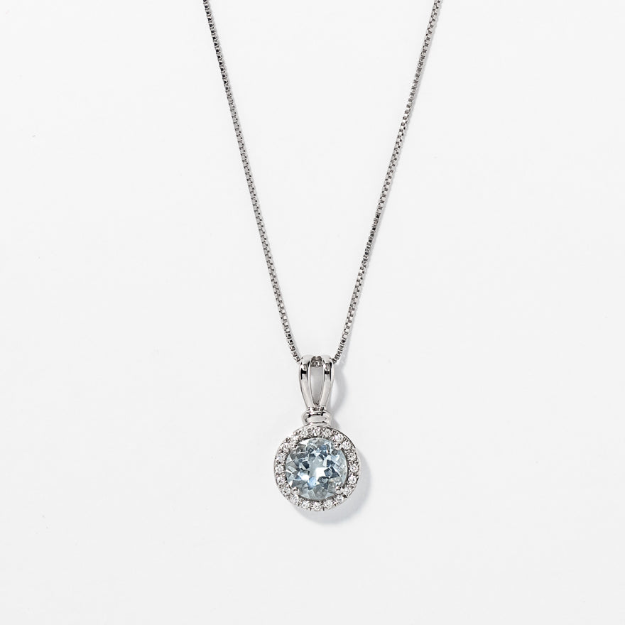 Round Aquamarine and Halo Diamond Pendant Necklace in 10K White Gold